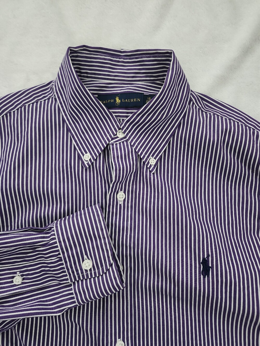 RALPH LAUREN Mens Size 16 Purple White Stripes Button Down Shirt Cotton |Preppy